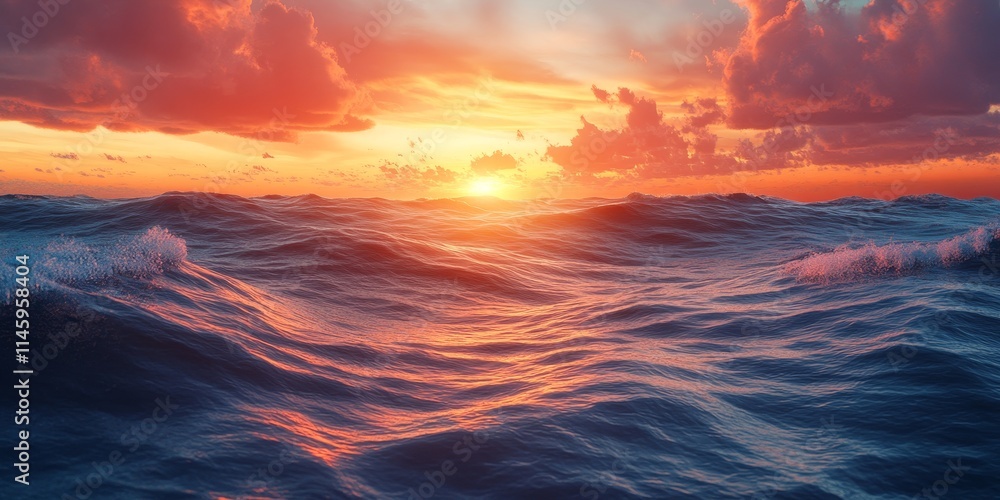 Obraz premium Serene sunset over the ocean, creating a picturesque backdrop with vibrant colors. The ocean s beauty shines during sunset, offering a stunning view of nature s artwork at dusk.