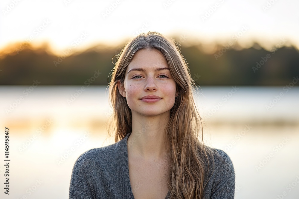portrait of young woman meditating by calm lake at sunrise serene expression soft lighting and blurred water in background portrait of young woman meditating by calm lake at sunrise serene expression soft lighting and blurred water in background