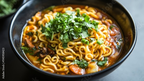 Khow Suey is a delicious curried noodle soup featuring flavorful noodles, aromatic spices, and rich gravy. This Khow Suey showcases a delightful blend of ingredients for a satisfying meal. photo