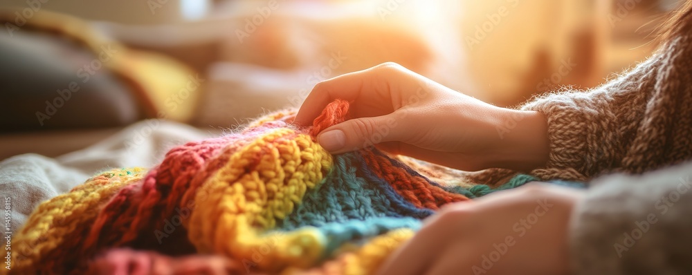 close-up of hands knitting colorful scarf in cozy room lit by sunlight close-up of hands knitting colorful scarf in cozy room lit by sunlight