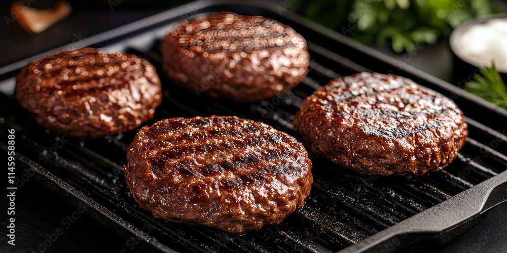 Delicious hamburger patties sizzling on a grill pan, showcasing the juicy texture and appetizing appearance of hamburger patties during cooking, perfect for any food lover. Delicious hamburger patties sizzling on a grill pan, showcasing the juicy texture and appetizing appearance of hamburger patties during cooking, perfect for any food lover.