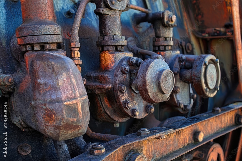 A close-up shot of a train engine's exterior, showing its details and textures A close-up shot of a train engine's exterior, showing its details and textures