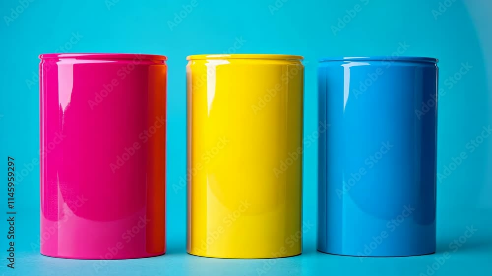 Brightly colored cylindrical containers arranged in a row against a blue background Brightly colored cylindrical containers arranged in a row against a blue background