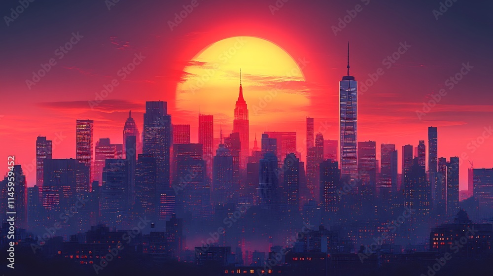 City skyline blending modern skyscrapers historic buildings illuminated by the soft glow of a setting sun City skyline blending modern skyscrapers historic buildings illuminated by the soft glow of a setting sun