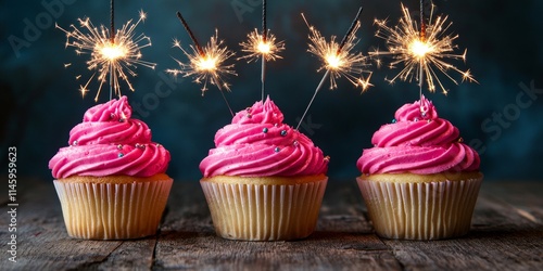 Three delightful birthday cupcakes adorned with pink frosting and festive party sparklers, perfect for celebrating any birthday occasion with sweet treats and vibrant decorations. photo