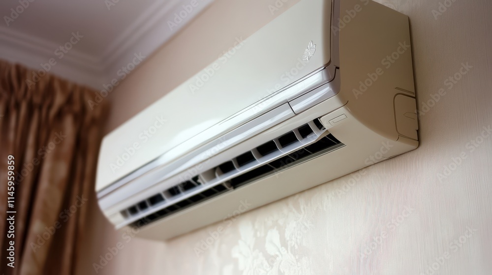 A split air conditioner installed in a bedroom, ensuring a restful nights sleep with its silent and efficient cooling technology A split air conditioner installed in a bedroom, ensuring a restful nights sleep with its silent and efficient cooling technology