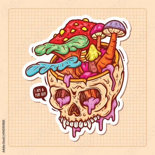 Moldy Skull Hand Drawn Color Vector Doodle Illustration