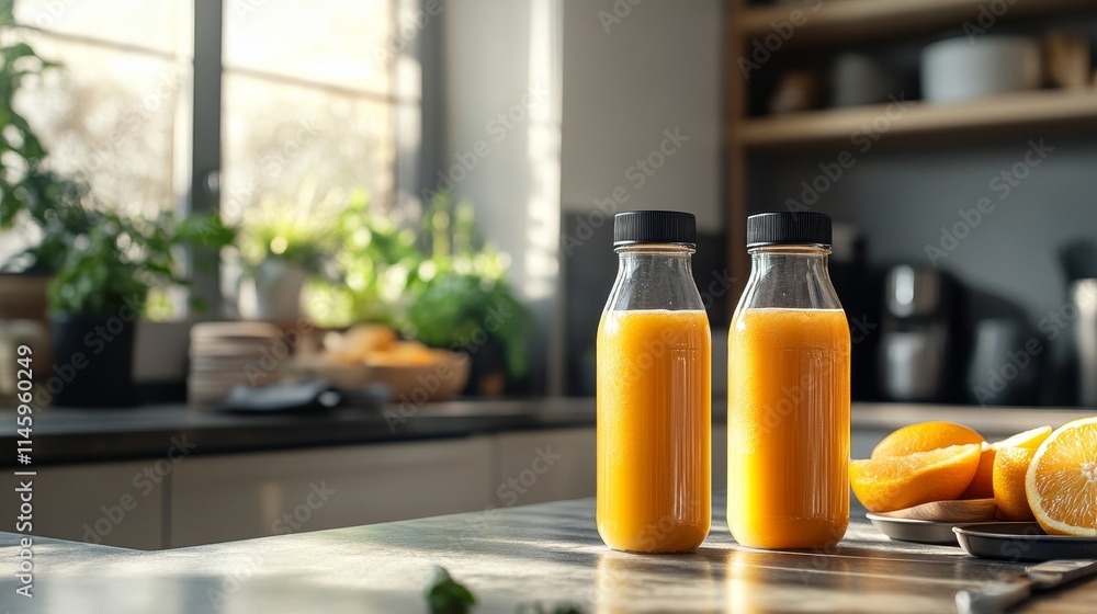 Two bottles of detox smoothies are displayed in the kitchen, showcasing freshly squeezed vitamin juice made with oranges and pineapple, embodying proper nutrition and health drinks for the body. Two bottles of detox smoothies are displayed in the kitchen, showcasing freshly squeezed vitamin juice made with oranges and pineapple, embodying proper nutrition and health drinks for the body.