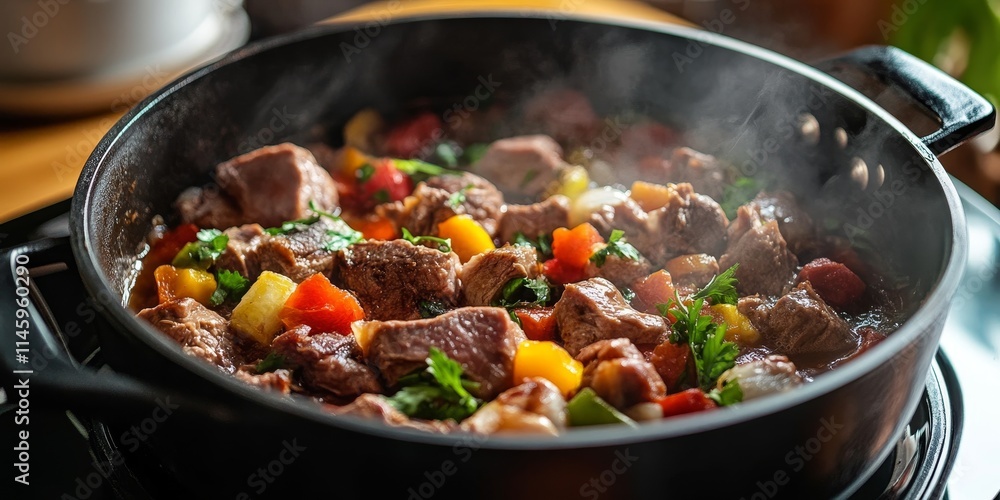 Fresh meat and vegetables simmering in the pot create a delicious and nutritious meal. The pot filled with vibrant meat and vegetables offers a wholesome cooking experience. Fresh meat and vegetables simmering in the pot create a delicious and nutritious meal. The pot filled with vibrant meat and vegetables offers a wholesome cooking experience.
