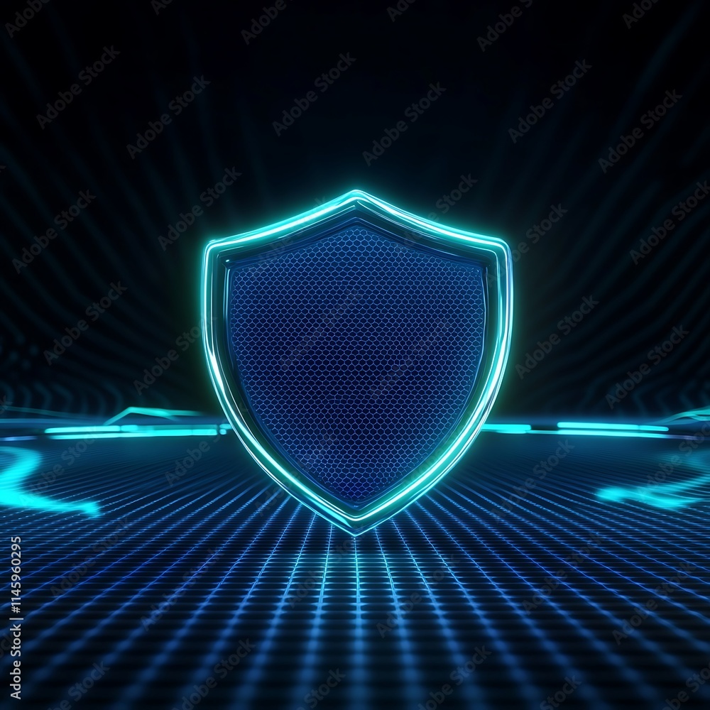 Fototapeta premium Futuristic Blue Neon Shield in High-Tech Digital Environment with Glow and Mesh Design