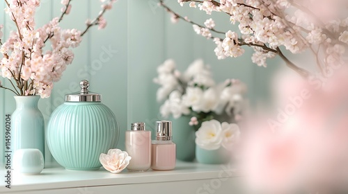 Elegant Pastel Decor with Cherry Blossoms and Accessories