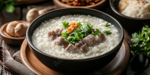 Delicious rice porridge with pork served at a breakfast buffet, showcasing the delightful combination of flavors in a hotel setting, perfect for starting your day with this satisfying rice porridge. photo