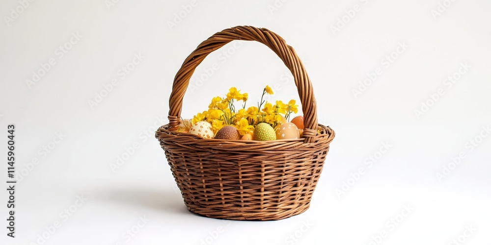 Wicker basket featuring yellow filler, showcased on a white background, is a perfect Easter item that adds charm and festive spirit to your Easter celebrations. This wicker basket is ideal for Wicker basket featuring yellow filler, showcased on a white background, is a perfect Easter item that adds charm and festive spirit to your Easter celebrations. This wicker basket is ideal for