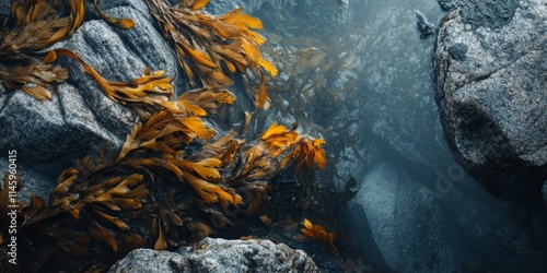 Closeup of brown algae seaweeds, specifically kelp and Laminaria, thriving in the intertidal zone among rocks by the sea, showcasing the beauty of brown algae and its habitat. photo