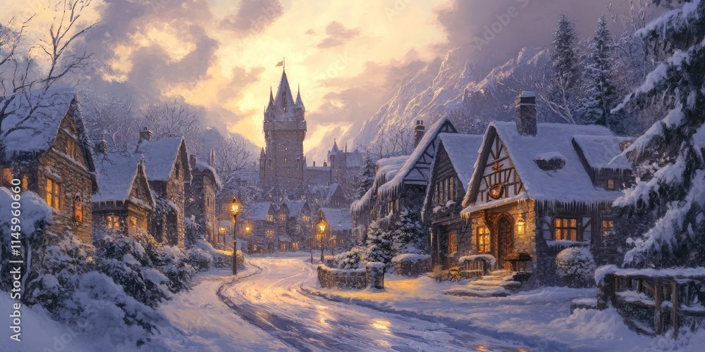 Fototapeta premium Winter scene featuring a scenic view of a castle and a charming street, capturing the beauty and tranquility of winter. The winter landscape enhances the castle and street s captivating allure.