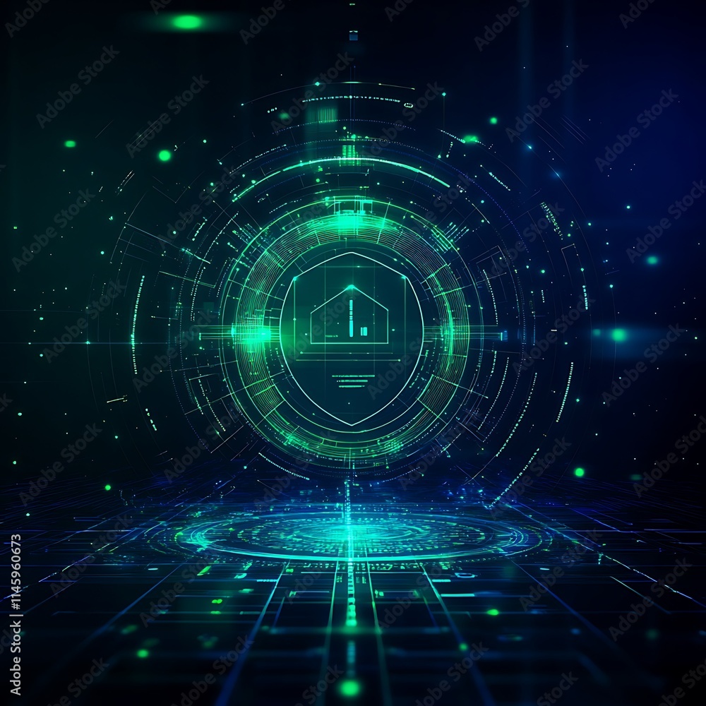 Fototapeta premium Futuristic Cyber Security Concept With Data Protection Shield And Digital Interface Elements