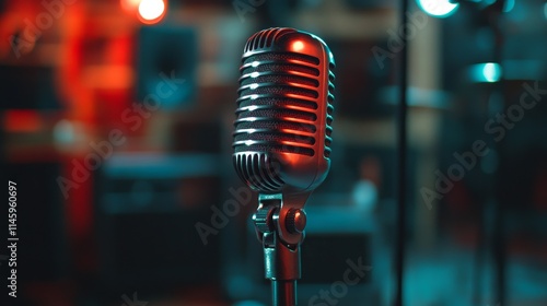 Microphone designed for capturing sound in audio settings, music performances, and karaoke. This mic technology enhances voice and concert entertainment, ideal for live pop and rock musical photo