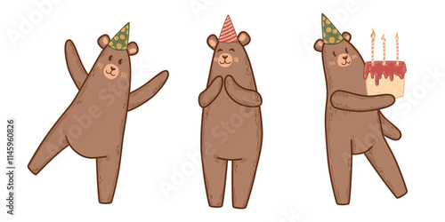 Set of cheerful bears in party hats celebrating a birthday. Includes a bear holding a cake with candles and others expressing joy. Whimsical design for children party invitations and greeting cards