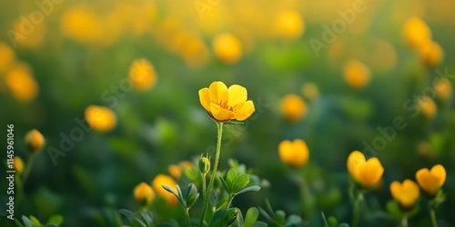 A vibrant patch of birdsfoot trefoil, Lotus corniculatus, showcases one flower in focus, capturing the essence of this unique flora with its striking beauty in the landscape. photo