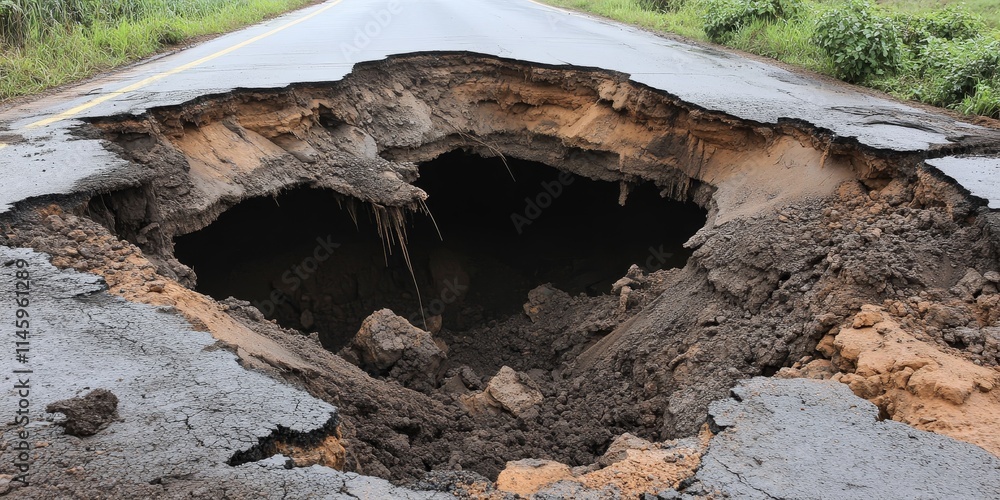 A large sinkhole has caused complete destruction of the road, highlighting the significant impact of the sinkhole on travel and safety in the area. The sinkhole poses serious challenges to
