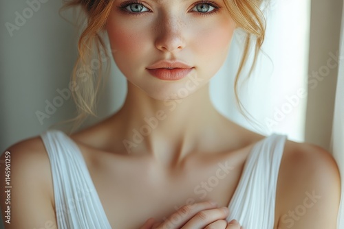 Elegant woman in a white dress posing gracefully in a bright room photo