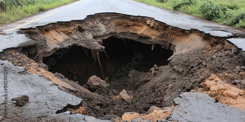 Obraz na płótnie A large sinkhole has caused complete destruction of the road, highlighting the significant impact of the sinkhole on travel and safety in the area. The sinkhole poses serious challenges to w salonie