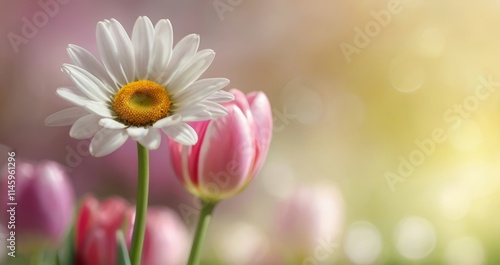 Hermoso fondo de primavera con margaritas y tulipanes, rayos de sol, fondo de naturaleza borroso, espacio para texto, primer plano, efecto bokeh, colores pastel, luz suave photo