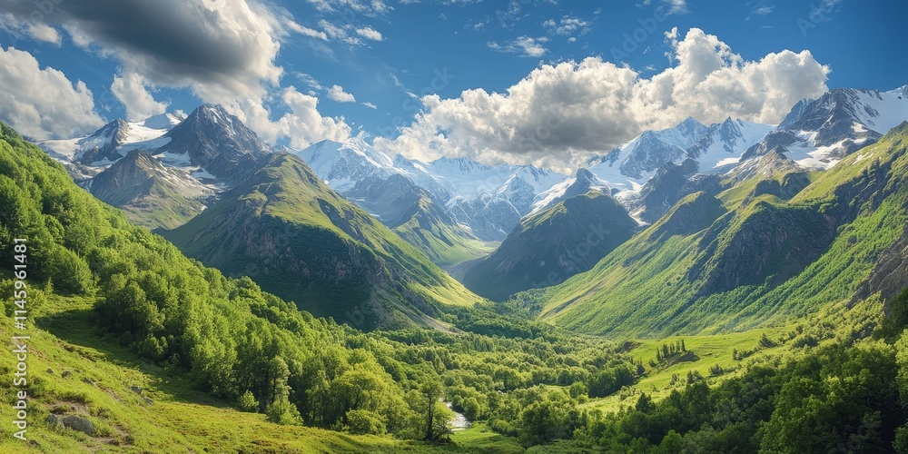 Fototapeta premium Scenic view of a valley surrounded by majestic mountains, highlighting the natural beauty of the Caucasus landscape, showcasing the stunning features of the valley and mountains in harmony.