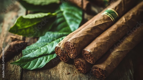 Premium Cuban Cigars Resting on Tobacco Leaves photo