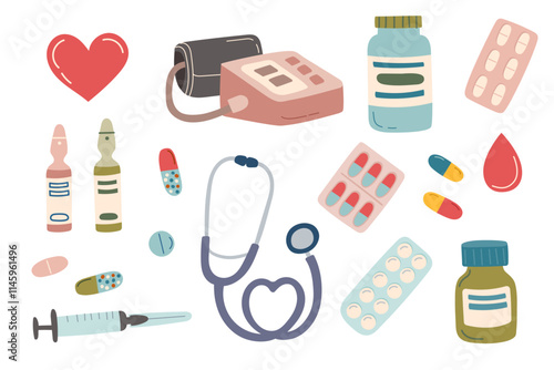Set of medicine supplies and equipment isolated on white. Concept of medicine, healthcare, cure, blood pressure. Vector cliparts.