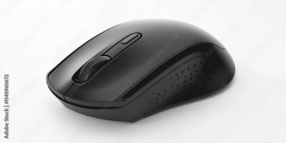 Black wireless optical mouse isolated on a clean white background, showcasing its sleek design and functionality. This black wireless optical mouse is perfect for effortless navigation. Black wireless optical mouse isolated on a clean white background, showcasing its sleek design and functionality. This black wireless optical mouse is perfect for effortless navigation.
