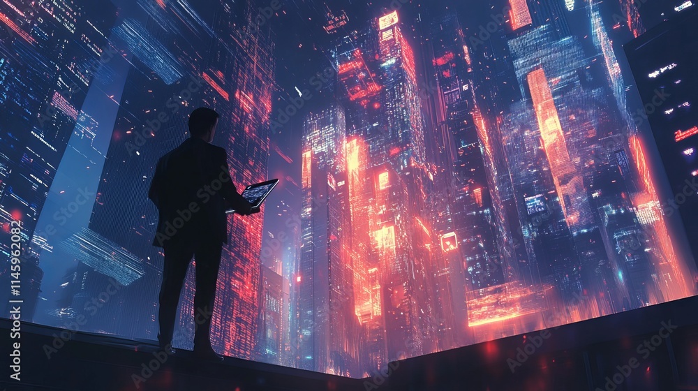 Obraz premium Digital technologies enable data sharing and global business expansion. A businessman utilizes a digital tablet in a futuristic cityscape, fostering online marketing, data transfer,