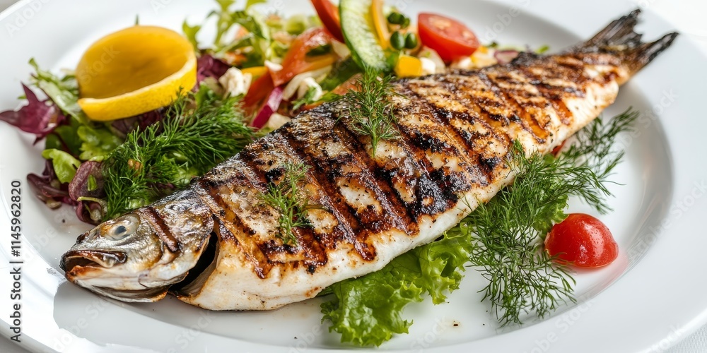 Grilled fish served with a fresh salad on a white plate offers a delightful presentation. This appealing dish of grilled fish and salad is perfect for healthy meal enthusiasts. Grilled fish served with a fresh salad on a white plate offers a delightful presentation. This appealing dish of grilled fish and salad is perfect for healthy meal enthusiasts.