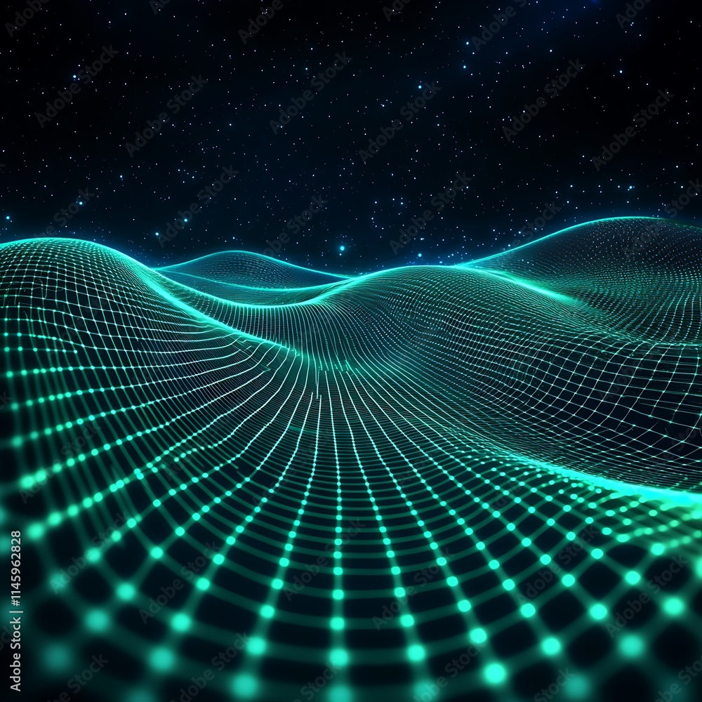 Futuristic Digital Landscape with Glowing Grid Patterns in a Cosmic Starry Background Futuristic Digital Landscape with Glowing Grid Patterns in a Cosmic Starry Background