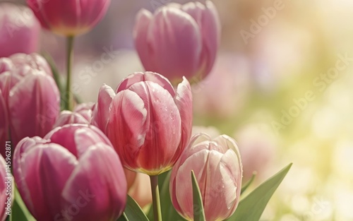 Hermoso fondo de primavera con margaritas y tulipanes, rayos de sol, fondo de naturaleza borroso, espacio para texto, primer plano, efecto bokeh, colores pastel, luz suave photo