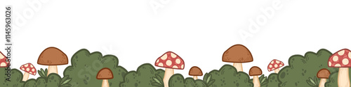 Vector forest border with mushrooms and foliage. Seamless horizontal pattern. Minimalistic toadstools among lush green bushes in simple cartoon style. Perfect for nature, woodland, fairytale designs