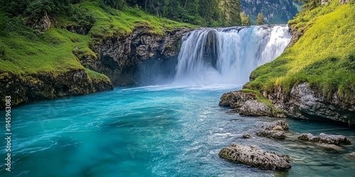 Stunning Lechfall waterfall cascading into the Lech river, showcasing the purest turquoise blue water, creating a breathtaking natural spectacle of the Lech river s beauty. photo