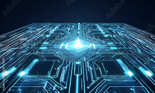 A futuristic digital circuit board glowing with blue light, representing advanced technology, data flow, and interconnected systems in cyberspace.