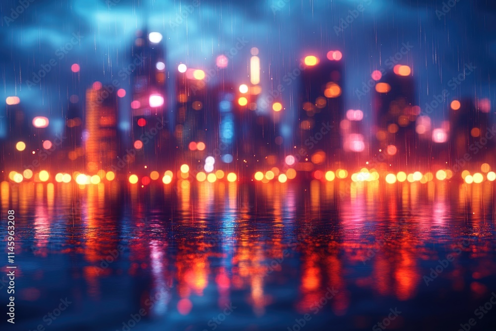 Obraz premium Urban scene with city lights reflecting off calm water, suitable for use in travel or architecture illustrations