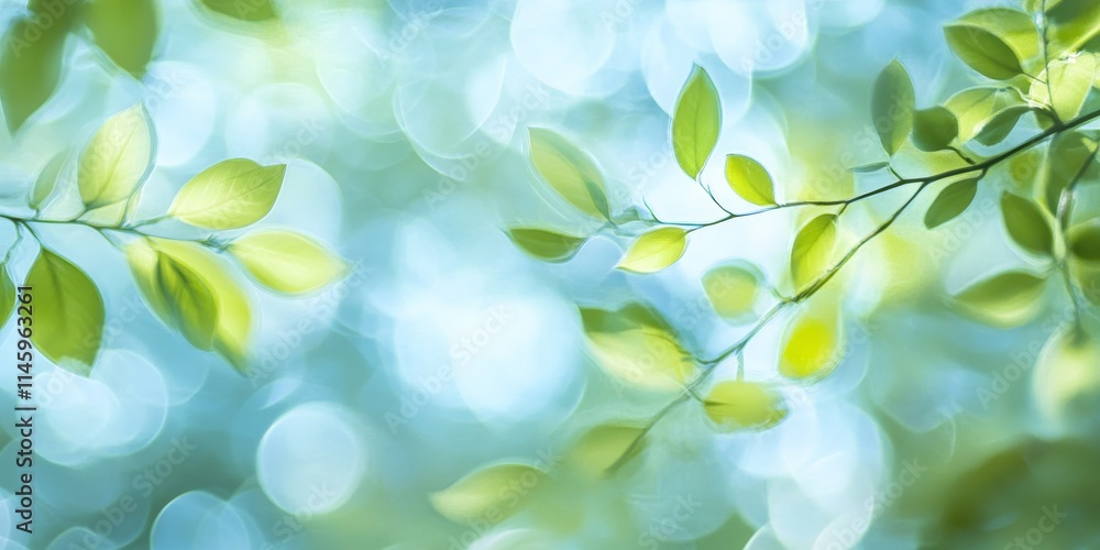 Fototapeta premium Abstract blurred images featuring vibrant green leaves against a serene sky, capturing the essence of nature s beauty in blurred visuals of green leaves and tranquil sky elements.