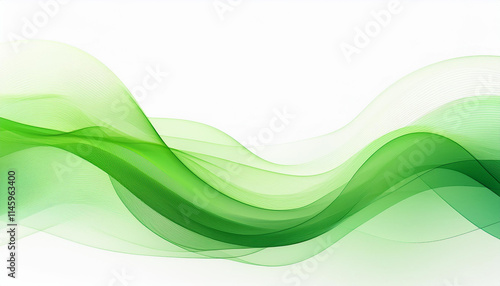 Green smoke wave backround. Abstract stylized motion wavy illustration. Soft shiny lines created using blend tool on white backdrop. Design template for banner or flyer