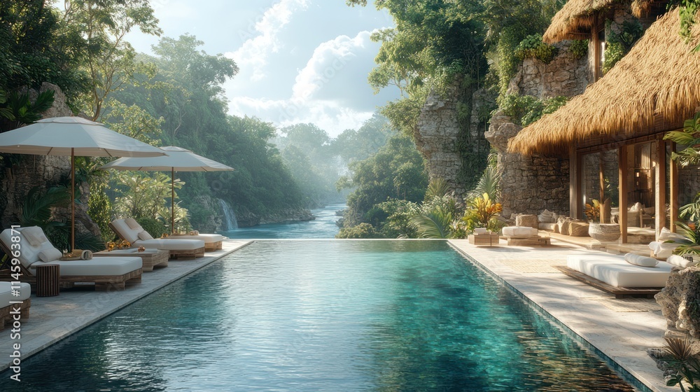 Fototapeta premium Luxury resort pool with waterfall view.