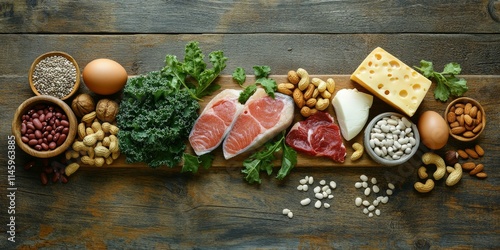 Variety of animal and plant protein sources displayed on a wooden background, featuring fish, meat, beans, cheese, eggs, nuts, seeds, and kale, highlighting diverse protein options.