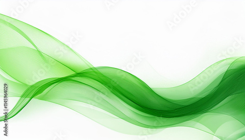 Green smoke wave backround. Abstract stylized motion wavy illustration. Soft shiny lines created using blend tool on white backdrop. Design template for banner or flyer