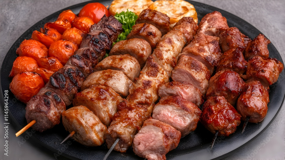 Grilled lamb kebab, chicken skewers, roasted vegetables, and a variety of appetizers are served on a wooden outdoor table at a Middle Eastern, Arab, or Mediterranean dinner table. Overhead view. Grilled lamb kebab, chicken skewers, roasted vegetables, and a variety of appetizers are served on a wooden outdoor table at a Middle Eastern, Arab, or Mediterranean dinner table. Overhead view.