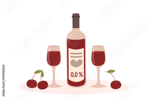 Bottle of wine alcohol free and two wineglasses isolated on white. Alcohol zero wine. Vector hand drawn clipart.