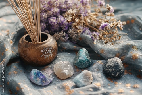 Zen still life with incense and crystals on fabric