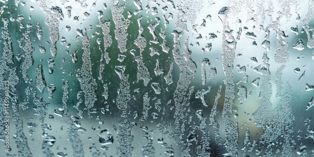 Closeup view of water droplets trickling down a window pane, capturing the intricate patterns of droplets formed on the glass from the inside of a vehicle. Water droplets create a serene atmosphere. Closeup view of water droplets trickling down a window pane, capturing the intricate patterns of droplets formed on the glass from the inside of a vehicle. Water droplets create a serene atmosphere.
