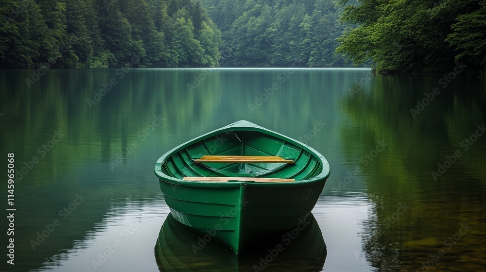 Vibrant green boat floating serenely in the middle of a tranquil lake, creating a picturesque scene that highlights the beauty of the lake and the charm of the green boat. Vibrant green boat floating serenely in the middle of a tranquil lake, creating a picturesque scene that highlights the beauty of the lake and the charm of the green boat.