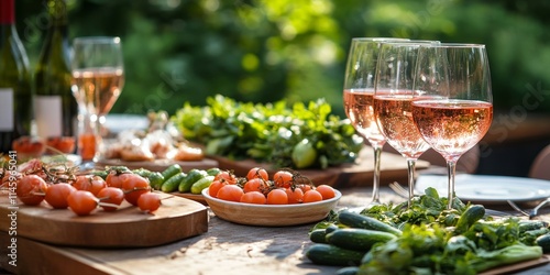 Outdoor summer brunch party table featuring appetizers, a glass of rose wine, refreshing drinks, and organic vegetables, perfect for a delightful holiday gathering in your backyard.